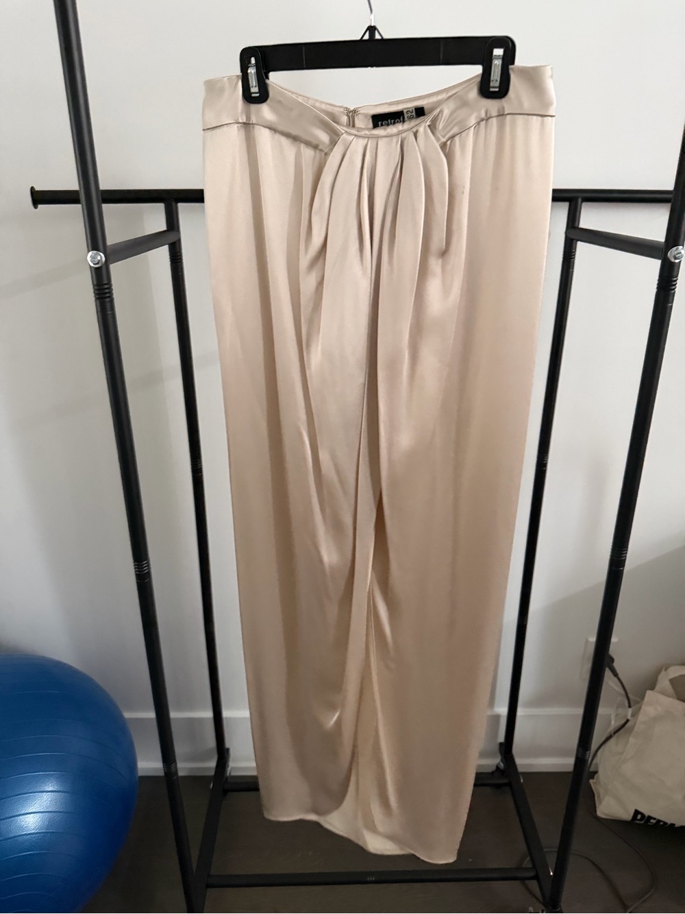 Retrofete Champagne Satin Maxi Skirt with Front Drape